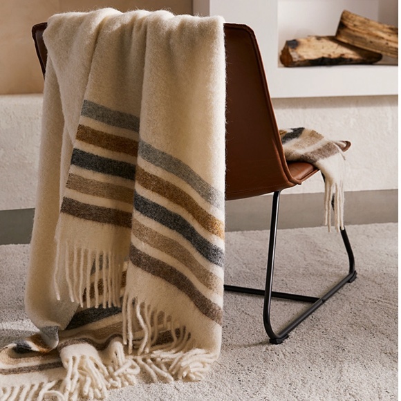Off white and Earth tone stripes wool and alpaca blend throw made in Italy NWT - Picture 1 of 9
